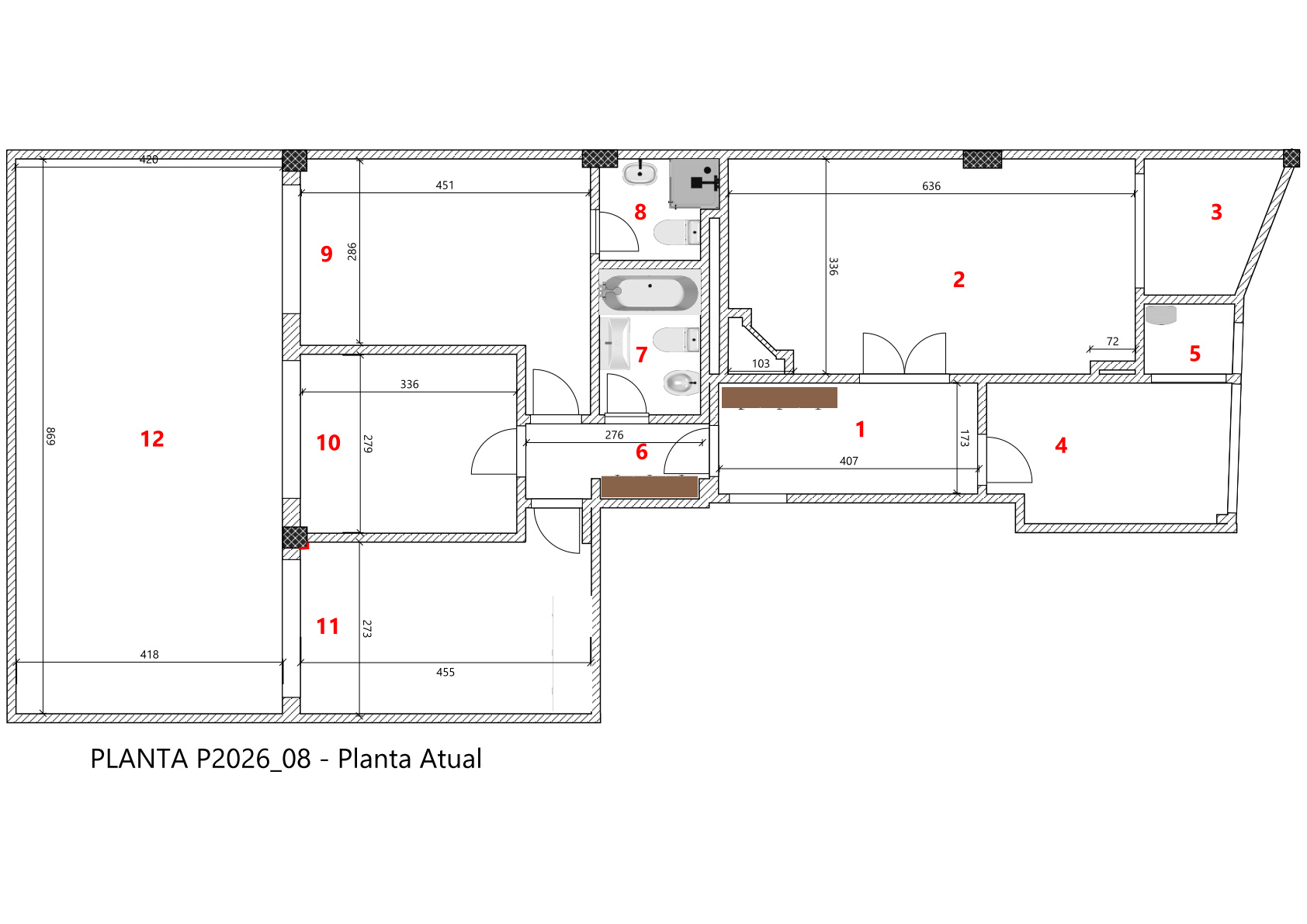 Planta P2026/08-01 — Planta Atual com medições e cotas